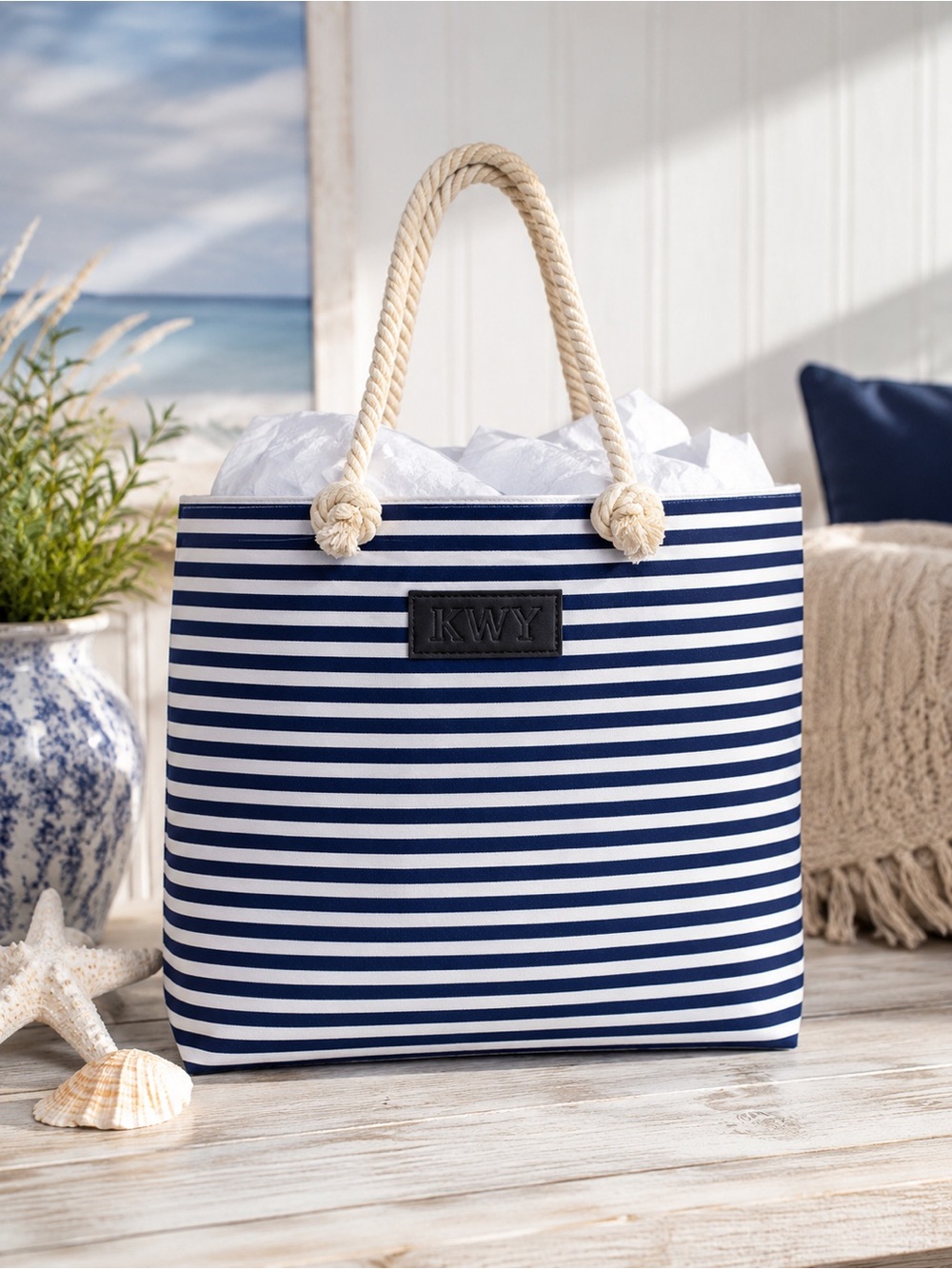 Striped Blue & White Rope-Handle Tote Bag NWOT